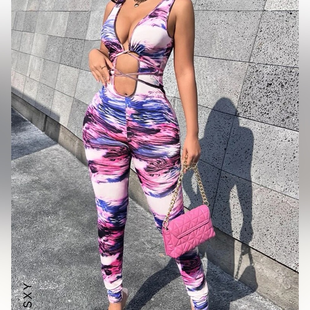 SHEIN all over multicolored criss cross cut out tie back unitard jumpsuit